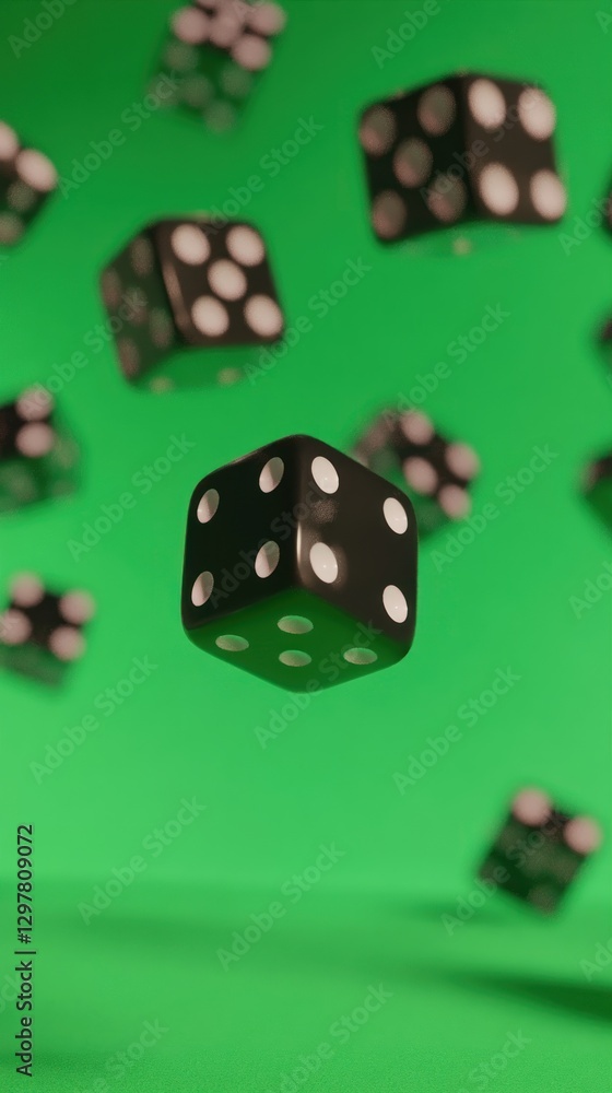 Poster floating dice against a vibrant green background adding playful dimension
