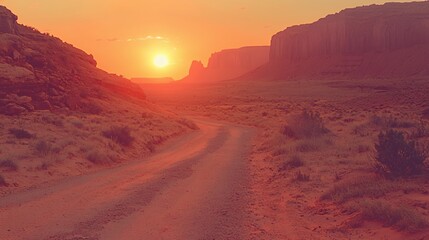 Naklejka premium Red Desert Road at Sunrise with Canyon Mountains