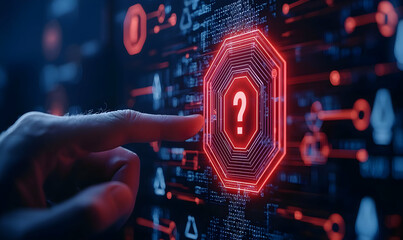 Digital Interface with Question Mark in Red and Black Background