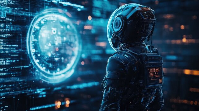 Futuristic Space Explorer in a High-Tech Environment Analyzing Data on a Holographic Interface Inside a Sci-Fi Space Station