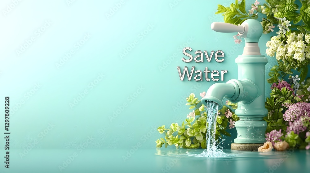 Poster minimalist and simplified infographic design of a single faucet with a solitary water drop and the t