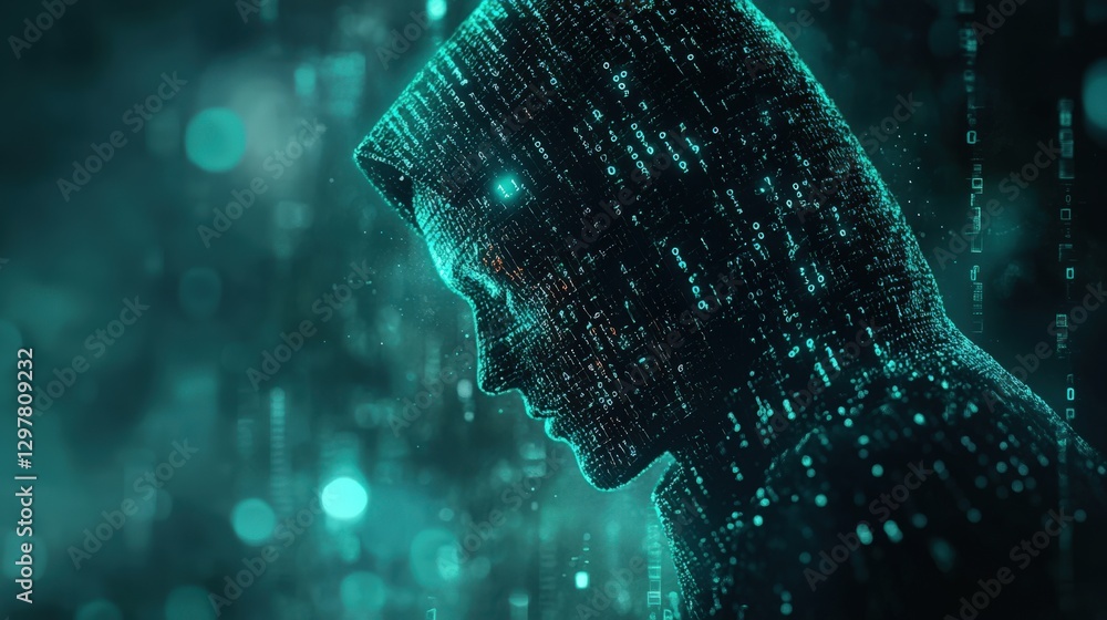 Poster a mysterious figure in a hooded cloak surrounded by glowing data streams: exploring themes of identi