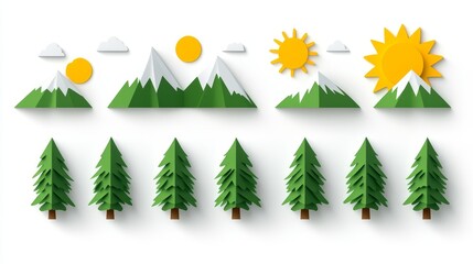 Papercraft Mountain Scenery with Evergreen Trees Set Against a Crisp White Background Minimalist Nature Illustration