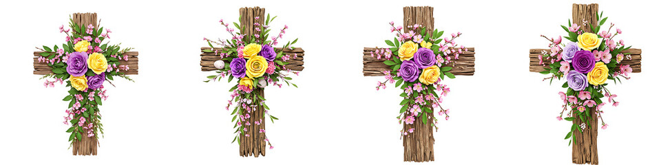 Floral cross with flowers on transparent background
