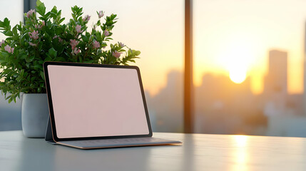 Modern Workspace with Tablet and Potted Plant at Sunrise Glow