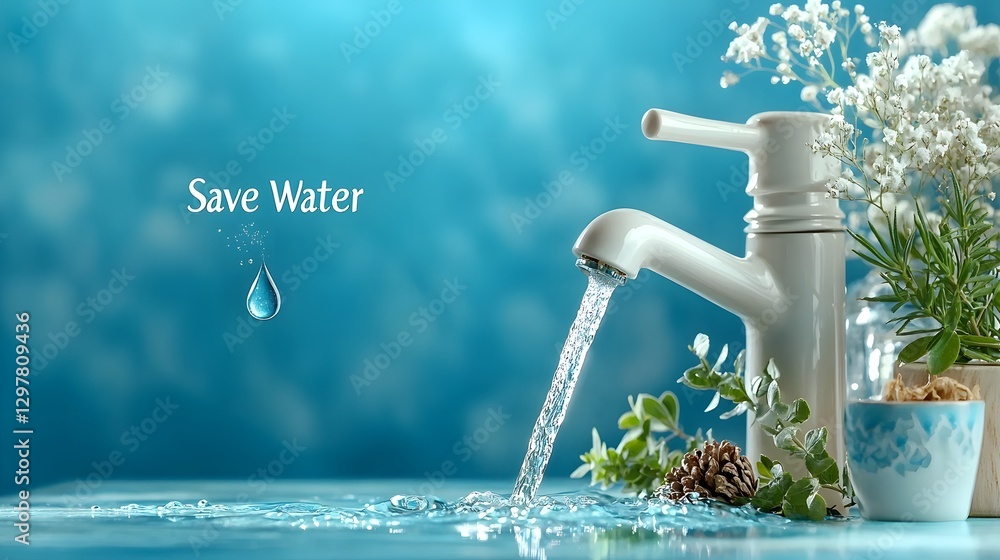 Poster minimalist and modern infographic design featuring a simple faucet icon and a single water drop with