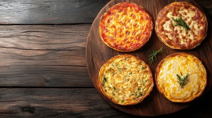 Wooden board displaying three varieties of pizza in a rustic setting