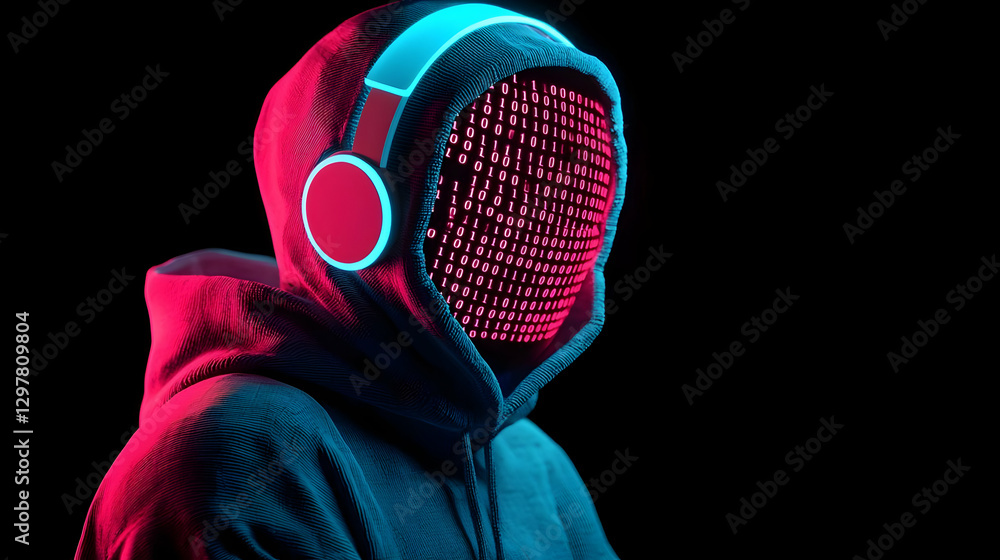 Poster mysterious figure in hoodie with headphones and binary code face