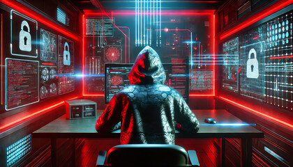 Obraz premium A futuristic scene featuring one individual sitting at a desk in a dark, high-tech room, facing a glowing computer screen displaying red text