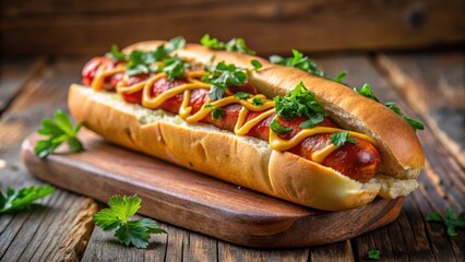Savory Grilled Sausage in a Toasted Bun with Mustard and Parsley Garnish on Rustic Wooden Board