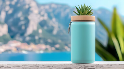 Fototapeta premium Light Blue Jar with Succulent on Wooden Surface Against Scenic View