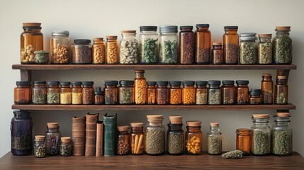A shelf filled with various jars containing different types of food and ingredients for cooking and preservation