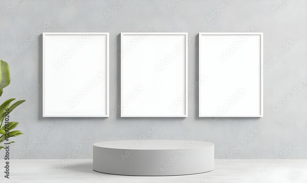 Poster modern minimalist display with three blank frames on gray wall