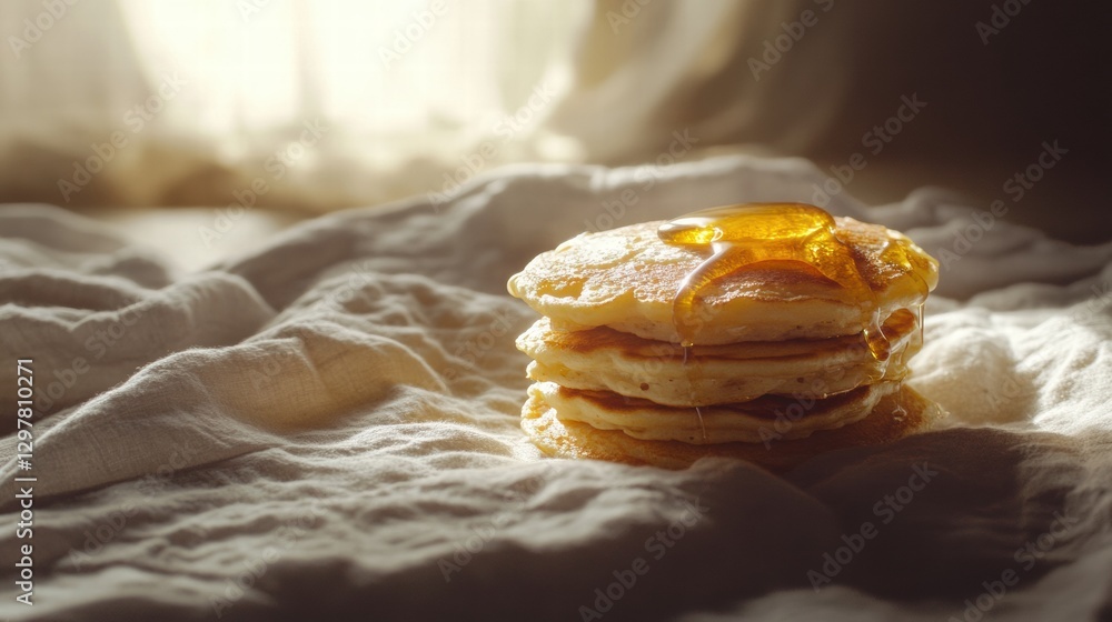 Poster delicious stack of golden pancakes with syrup drizzled on top on a soft cloth during morning light. 