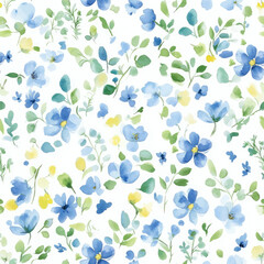 Blue and green floral pattern on a white background, watercolor flower seamless pattern. Watercolor print in rustic vintage style, textile or wallpapers.