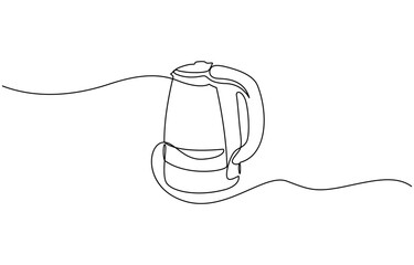 Obraz premium One continuous line drawing of kettle isolated on white background. cooking and kitchen concept, Electric kettle. Icon. A simple drawing of a continuous line of a kitchen electric appliance.