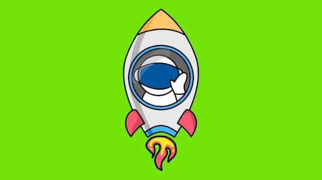 animation of cute astronaut riding spaceship cartoon green background
