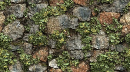 Obraz premium Wall covered with various rocks and green plants creating a natural outdoor texture