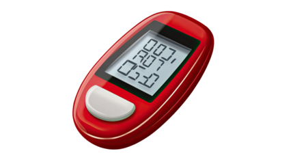 Blood Glucose Monitor: A close-up studio shot of a modern red and white blood glucose monitor, displaying the reading on its screen, with a clear, crisp design.
