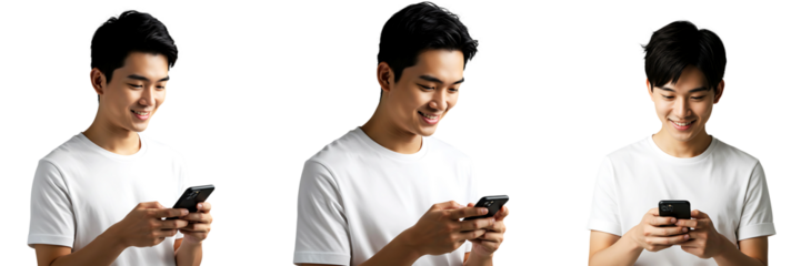 Man Using Smartphone And Smiling On Transparent Background

