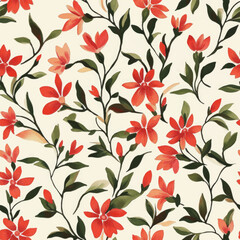 Red and green floral pattern on a cream background, watercolor flower seamless pattern. Watercolor print in rustic vintage style, textile or wallpapers.