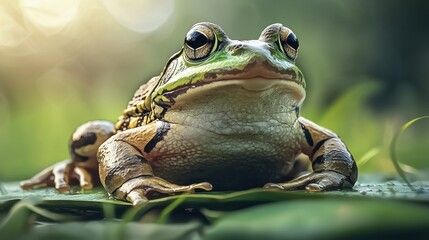 A green and brown frog with large eyes and a long tongue sits on a leaf in a grassy field.