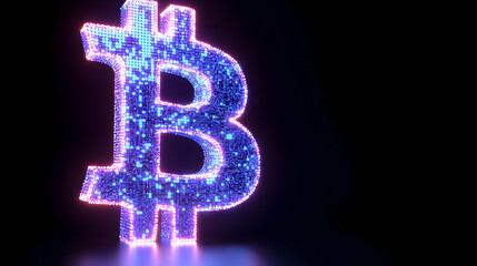 Glowing Bitcoin Symbol in Neon Color against Dark Background