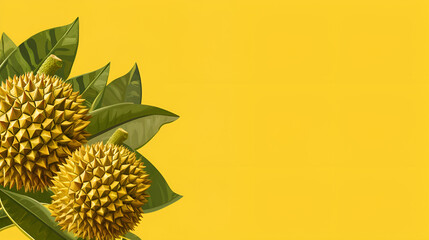 Seasonal banner with fresh Whole durian on a yellow background with copy space, AI Image.