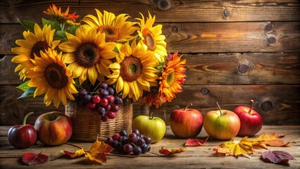 A Rustic Still Life Featuring Sunflowers, Grapes, and Apples on a Wooden Surface