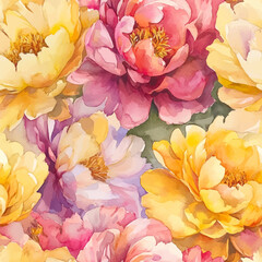 Vibrant yellow, pink, and purple peonies in full bloom, watercolor flower seamless pattern. Watercolor print in rustic vintage style, textile or wallpapers.