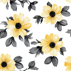 Yellow daisy flowers, black and gray leaves, white background, watercolor flower seamless pattern. Watercolor print in rustic vintage style, textile or wallpapers.