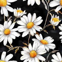 White daisies on a black background, watercolor flower seamless pattern. Watercolor print in rustic vintage style, textile or wallpapers.