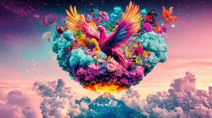 A phoenix with a blue body and pink wings emerges from a cloud of flowers and plants, set against a backdrop of a starry night sky and a mountain.