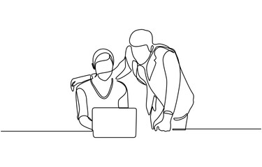 Single continuous line drawing of Two employees are talking and discussing work, Continuous One Line Drawing of Business Group with in Office woman and Man Working One Line Illustration.