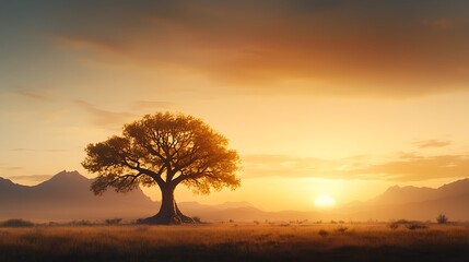Breathtaking baobab tree standing tall in an arid African landscape, dramatic golden sunset creating a striking silhouette, timeless and legendary presence, Ultra-Realistic, Photo Realistic, 