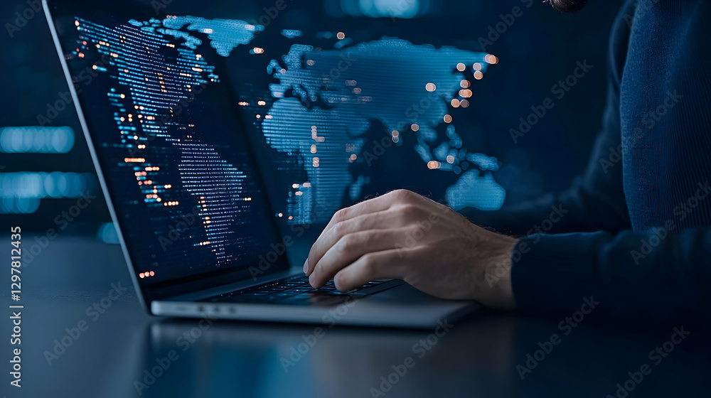 Aufkleber man typing on laptop with digital world map in background