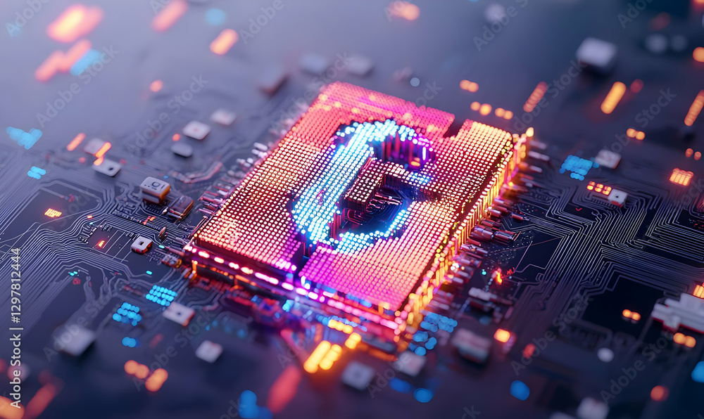 Poster colorful circuit board with glowing processor in digital environment