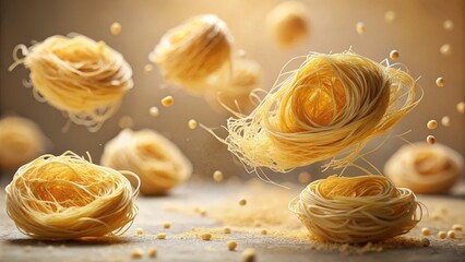 Golden strands of pasta delicately suspended in mid-air, creating an alluring culinary composition with scattered grains