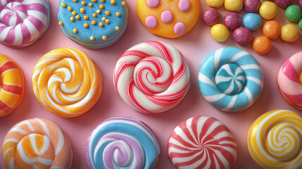 Colorful candy land with swirling lollipops and gumdrops on pink background