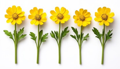 Obraz premium Five Bright Yellow Daisy Like Flowers on White Background