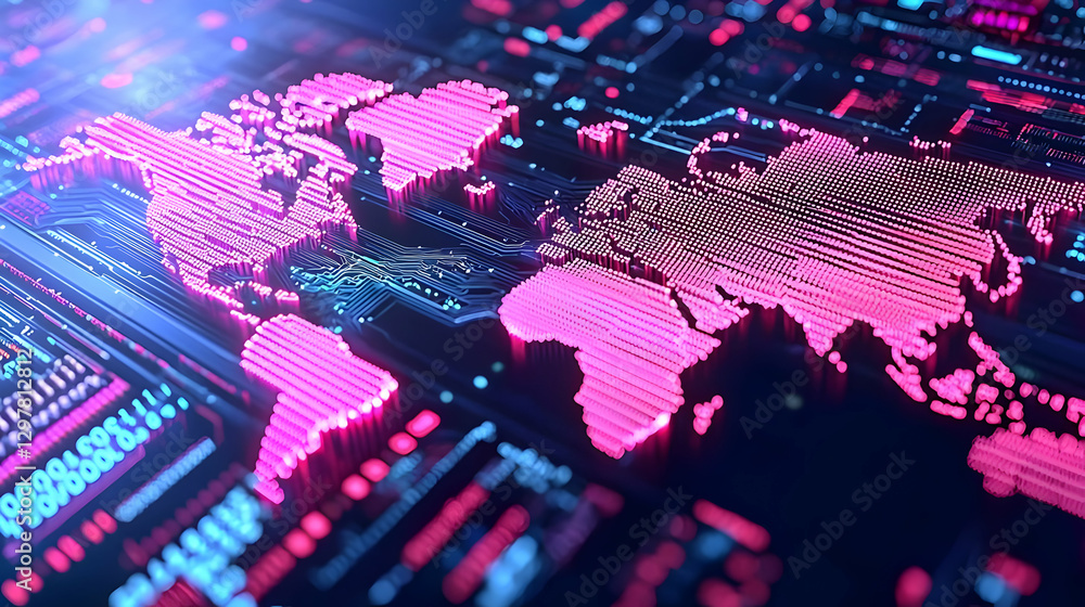 Poster abstract digital world map with colorful circuitry design