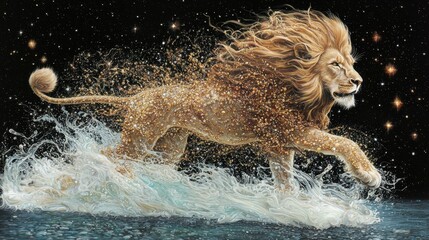 A lion in a golden mane and tail is depicted in a dynamic pose, surrounded by a starry night sky and a body of water.