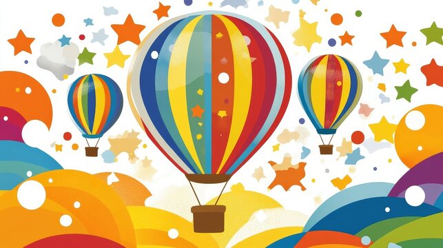 Colorful hot air balloons floating amidst vibrant celestial stars abstract illustration bright sky background joyful and uplifting theme