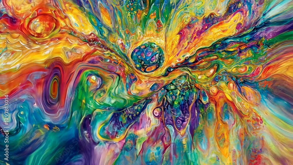 Aufkleber colorful abstract artwork with swirling patterns and vibrant hues on display in a bright gallery set