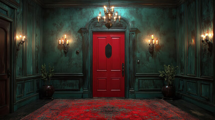 dimly lit Victorian style hallway features striking red door, surrounded by dark green walls and ornate chandeliers, creating ghostly atmosphere