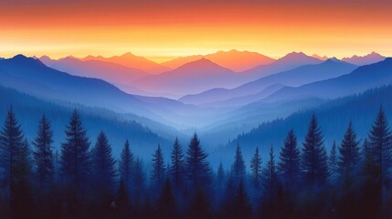 Obraz premium Serene Mountain Panorama at Dusk Layered Blue Ridges Forest Silhouette Sunset Sky Vista Tranquil Scenery Nature Background