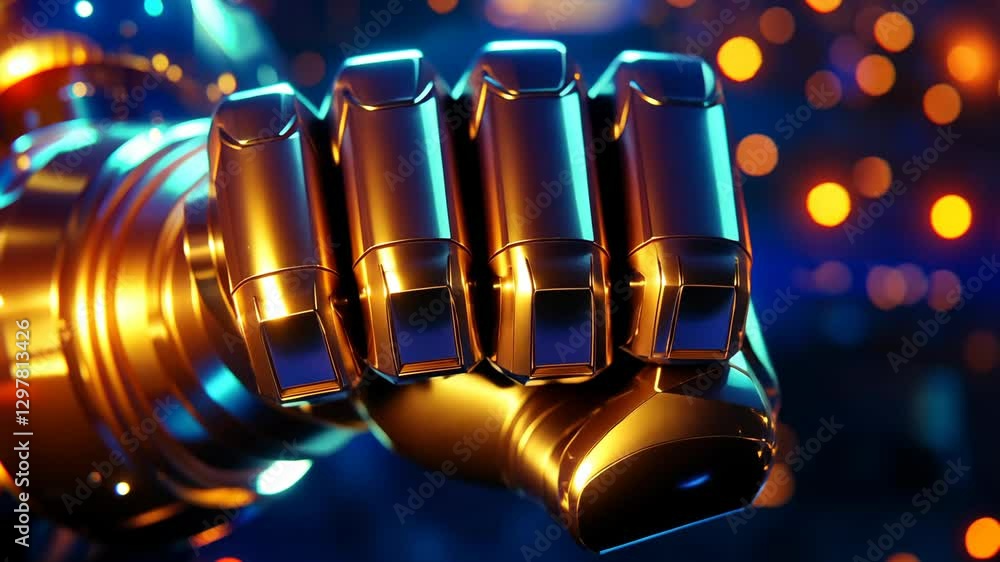 Poster metallic robotic hand showcases advanced technology and design in futuristic setting with vibrant li