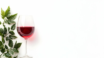 Elegant red wine glass with green leaves on clean white background