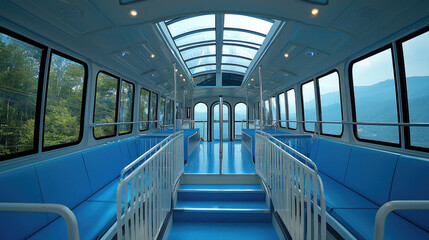 Fototapeta premium spacious interior of modern transport vehicle with blue seating and large windows, offering scenic views