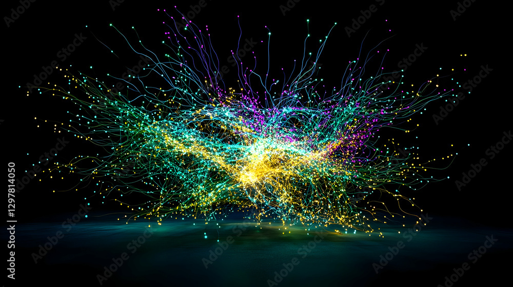 Poster colorful particle explosion with dynamic light and dark background showing abstract energy burst